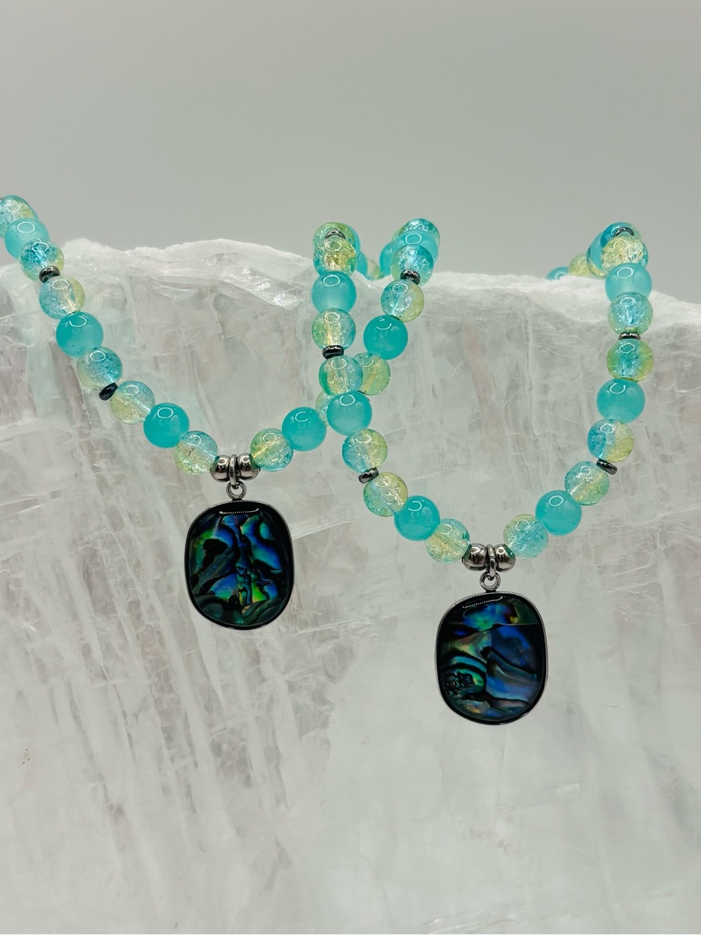 *ANKLET* S. Steel Abalone & Teal Yellow Crystal Stretchy Anklet - Picture 6 of 7
